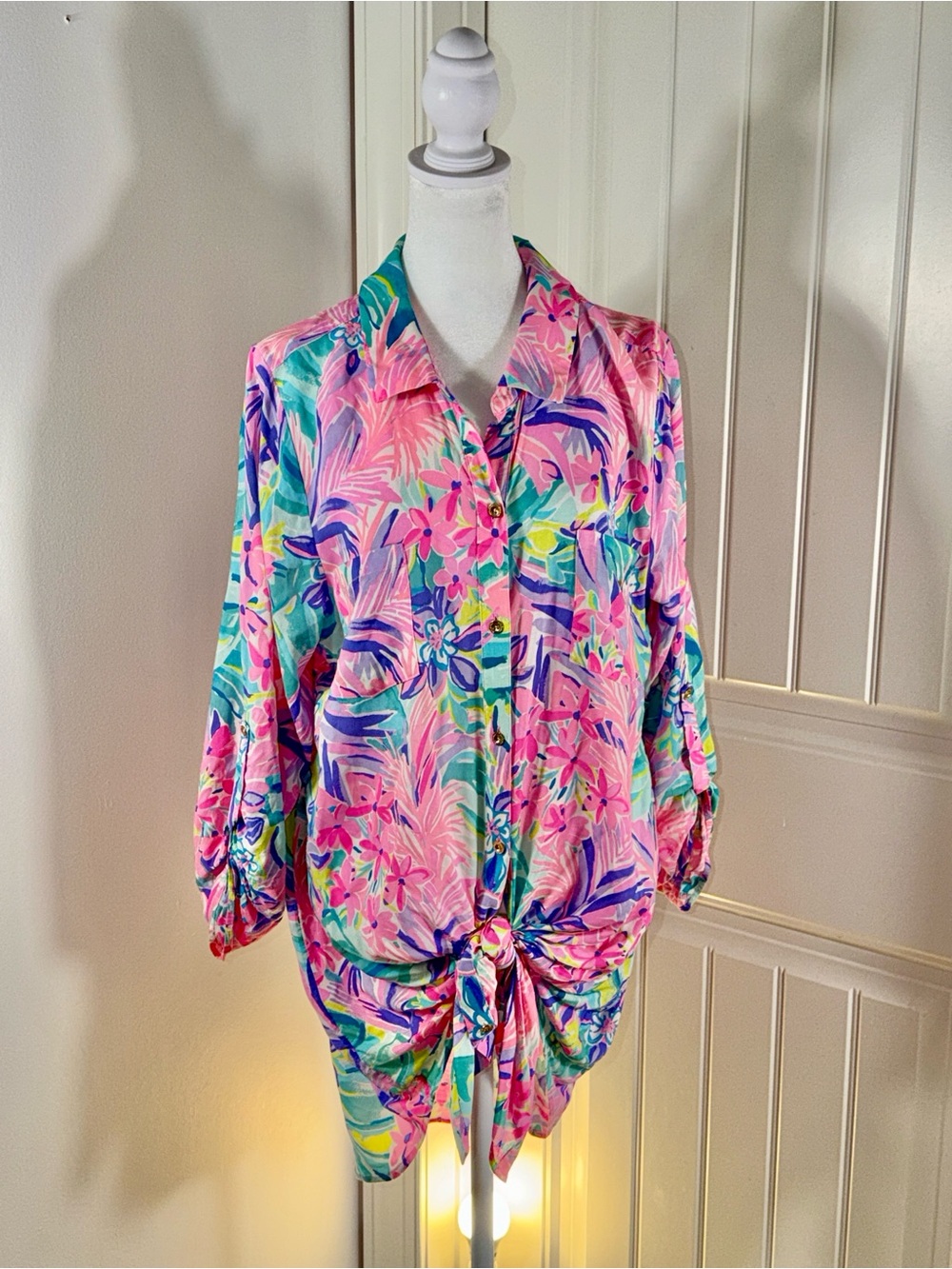 Lilly Pulitzer Multi Tropical Tie-Front Button Down Shirt Sz L